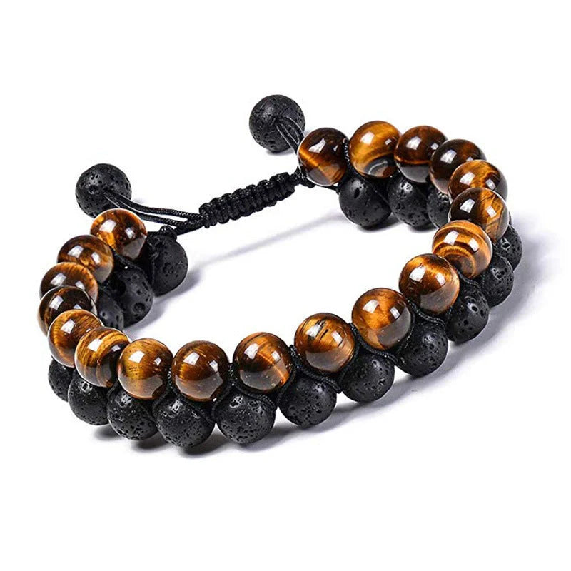 Tiger Eye Couple Bracelets with matte black agate beads, modern geometry design