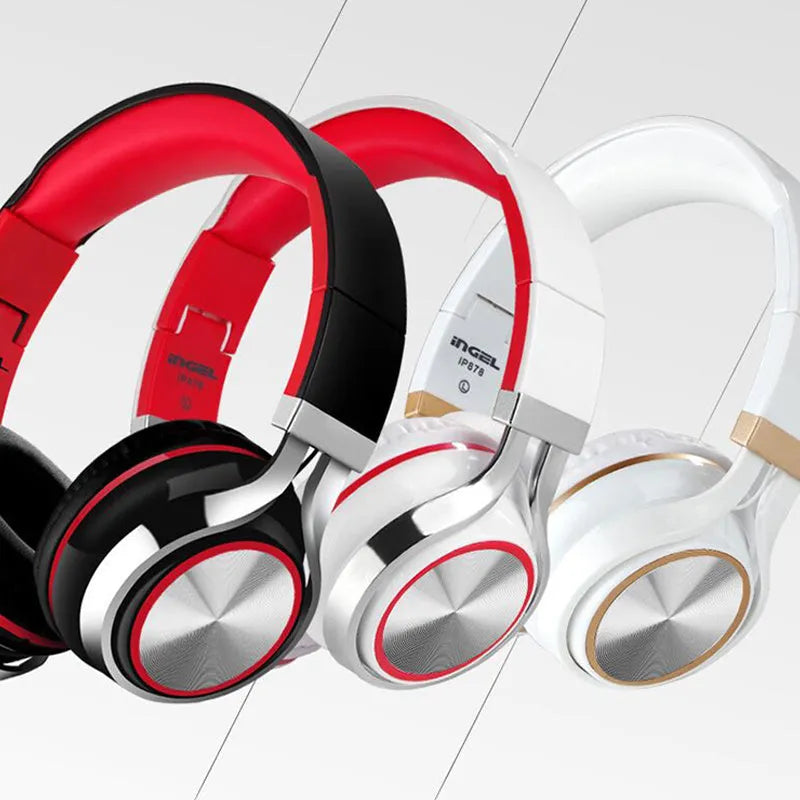 Folding wireless headset with 40mm speaker shown in black, blue and white colour options