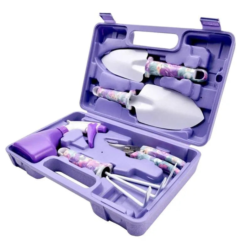 Camouflage 5 piece garden tool set with stainless steel shovel, rake, pruning shears, spray bottle, and plastic case in green and purple