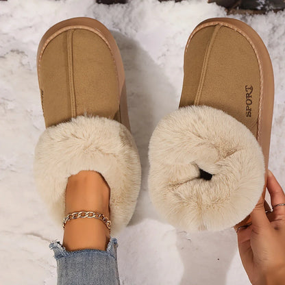 Cozy faux fur-lined platform slippers for women in various colors with non-slip soles and comfortable design