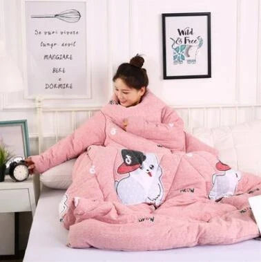 Cozy fleece-lined blanket with sleeves in various colors and designs, providing warmth and comfort for cold weather use.