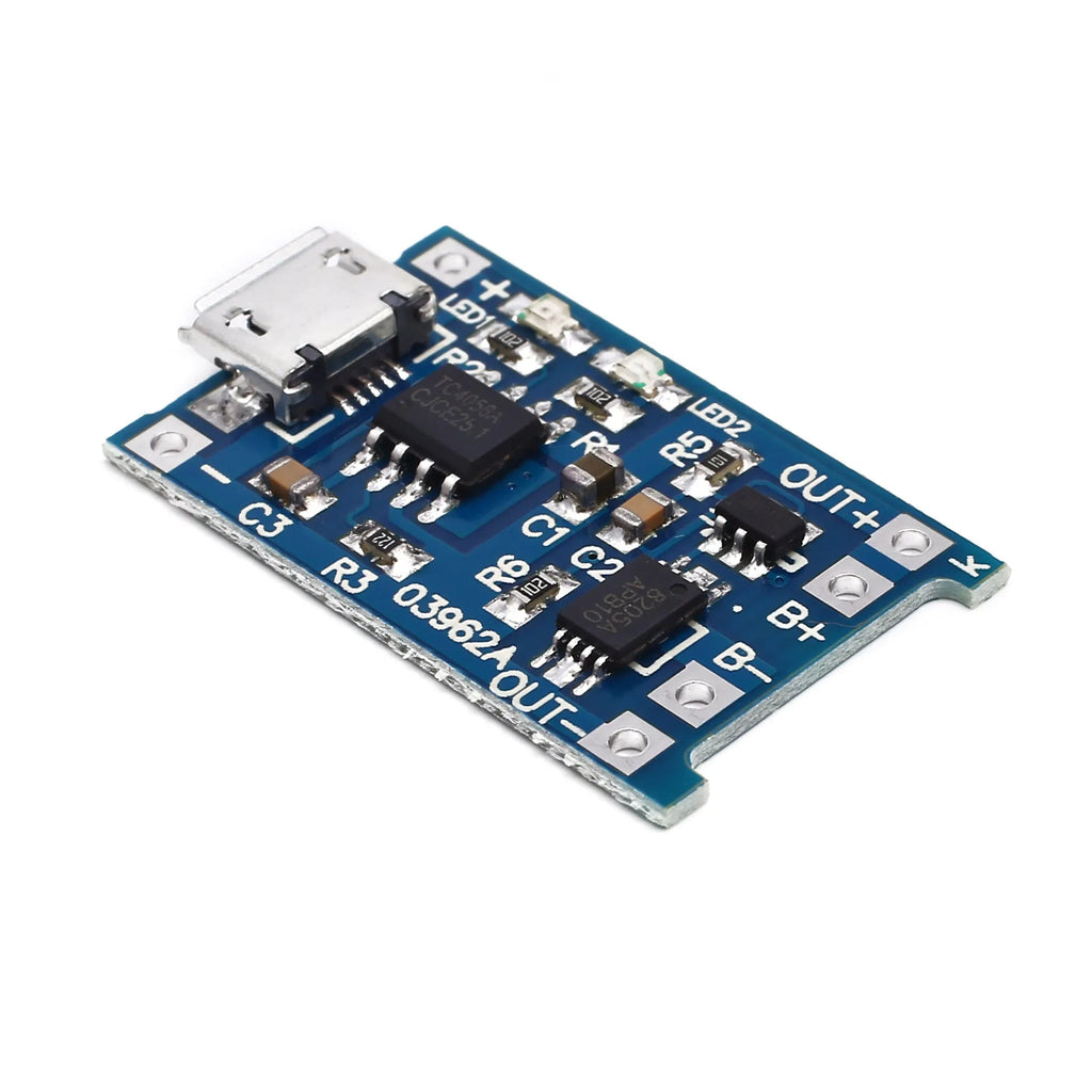 Blue lithium battery charging and protection integrated circuit board measuring 26 by 17 millimetres.
