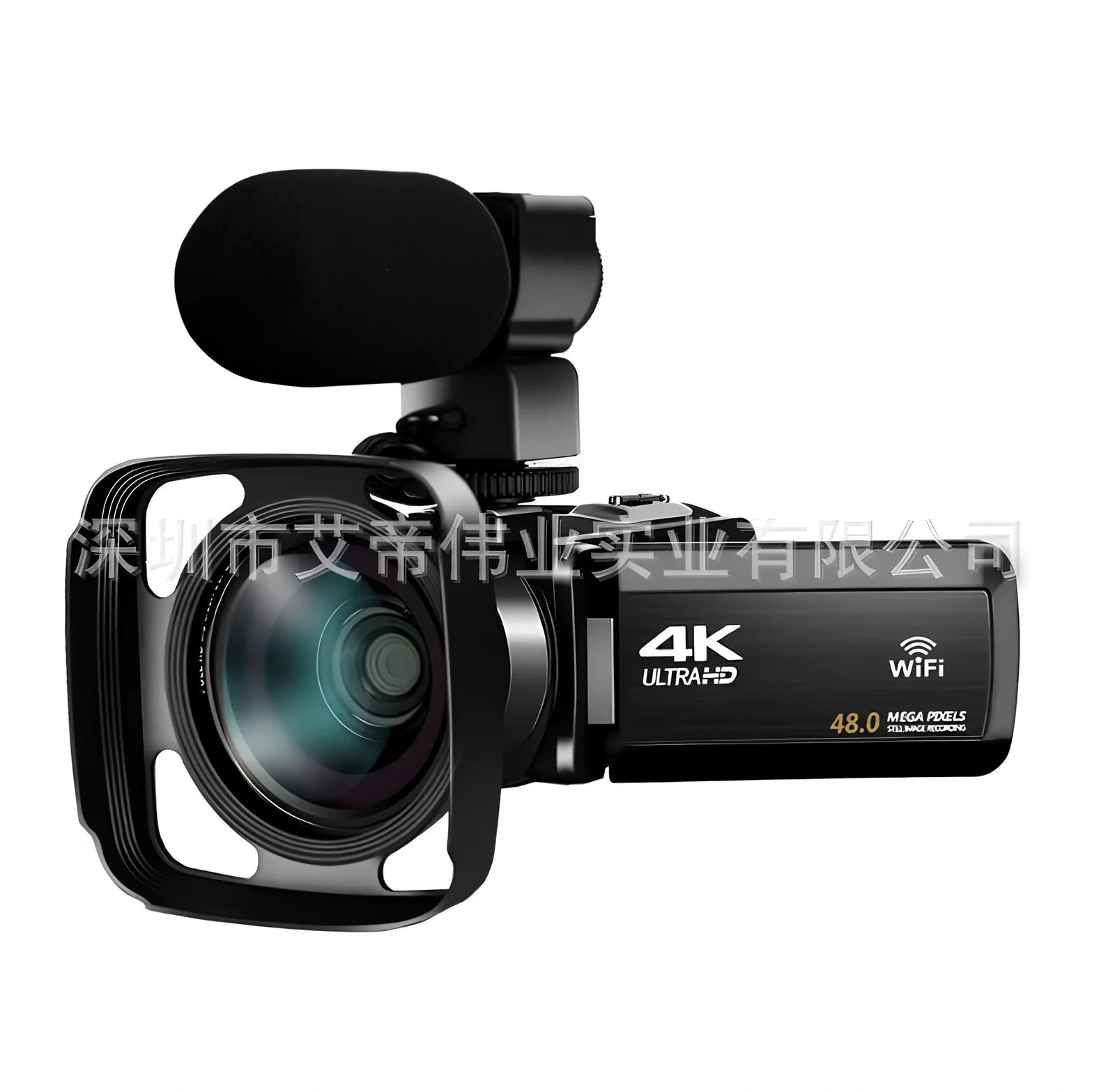 Black 3.0 inch touch screen 4K digital video camera with WiFi, remote, and 18x zoom lens
