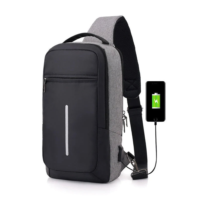 Anti-theft USB charging chest bag in various colours with secure zipper and computer pocket