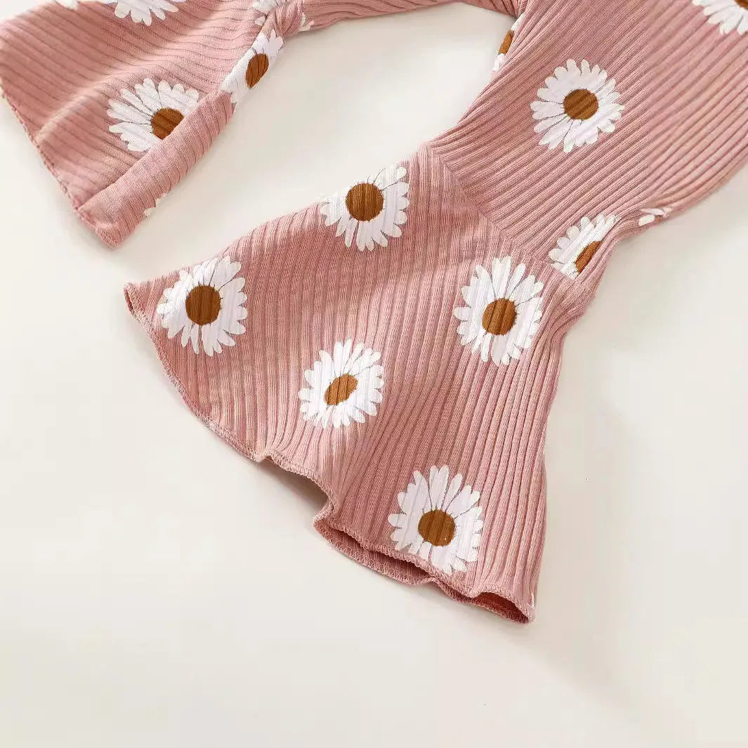 Baby girl cotton long sleeve sunken stripe top and flower print trousers two-piece set in pink
