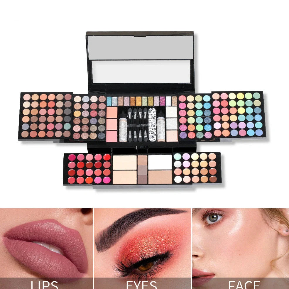 120 colour matte eyeshadow palette showing pink, purple, brown, and blue shades in organised case