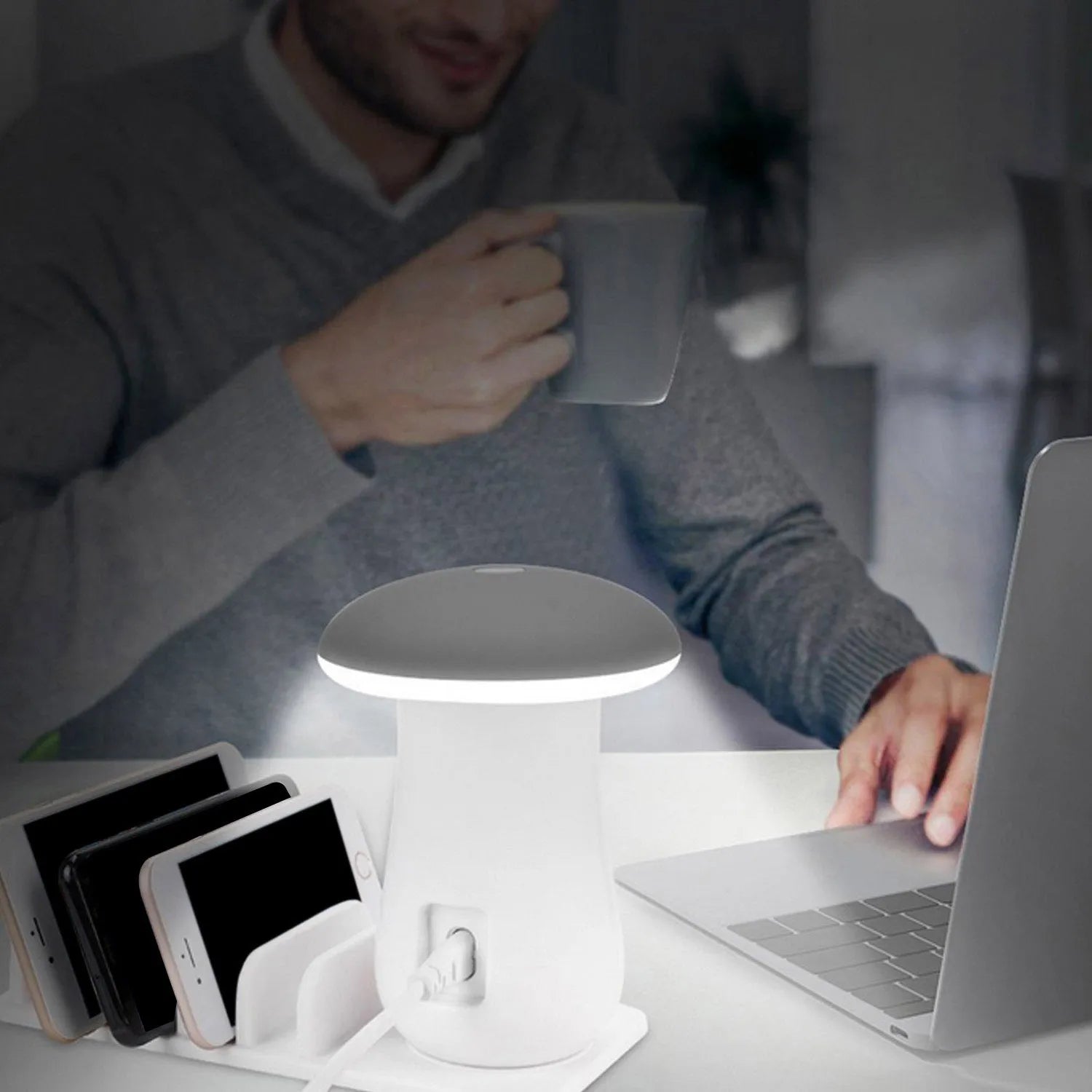White mushroom-shaped 5-port USB charging dock station with glowing LED night lamp on a desk
