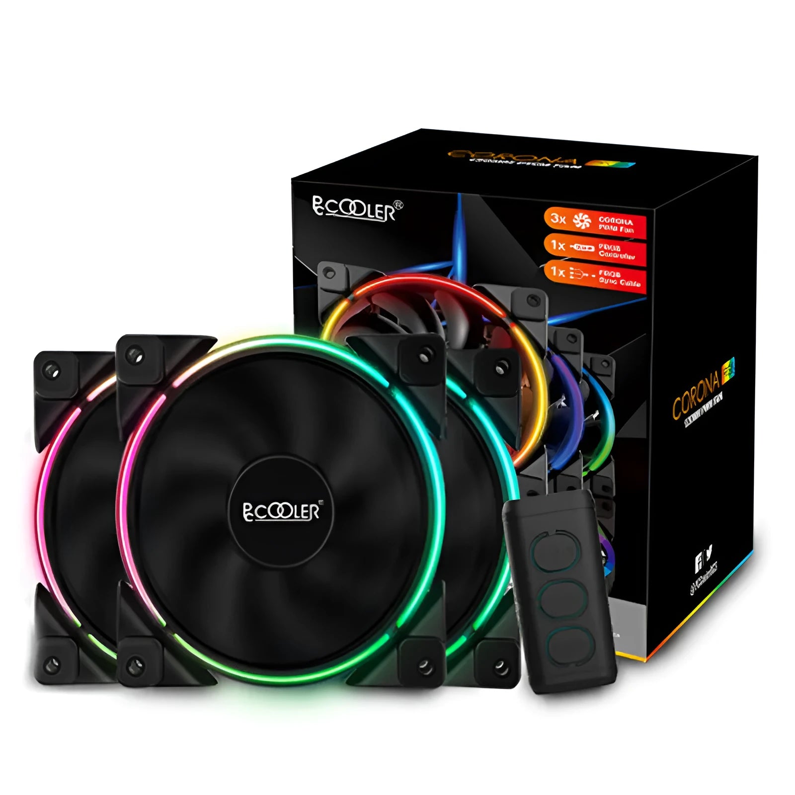 Three black 120mm RGB PC case fans with illuminated blades and hydraulic bearings