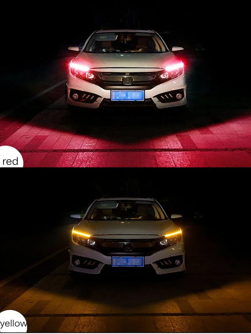 Flexible silicone LED car light strip for daytime running and turn signals, showing wiring connections.