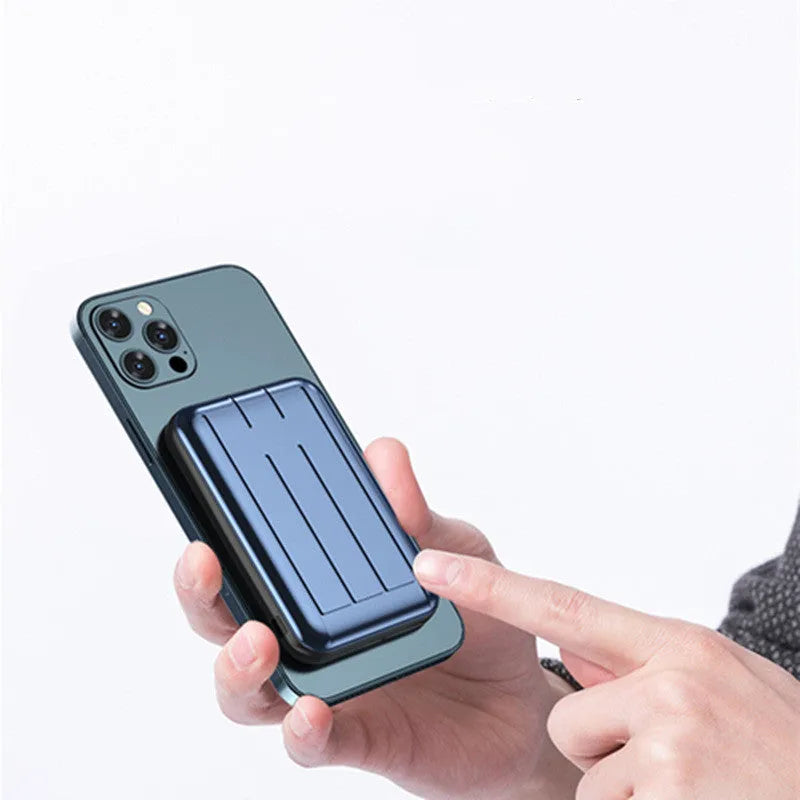 Blue 15W magnetic wireless power bank for iPhone showing front and side views.