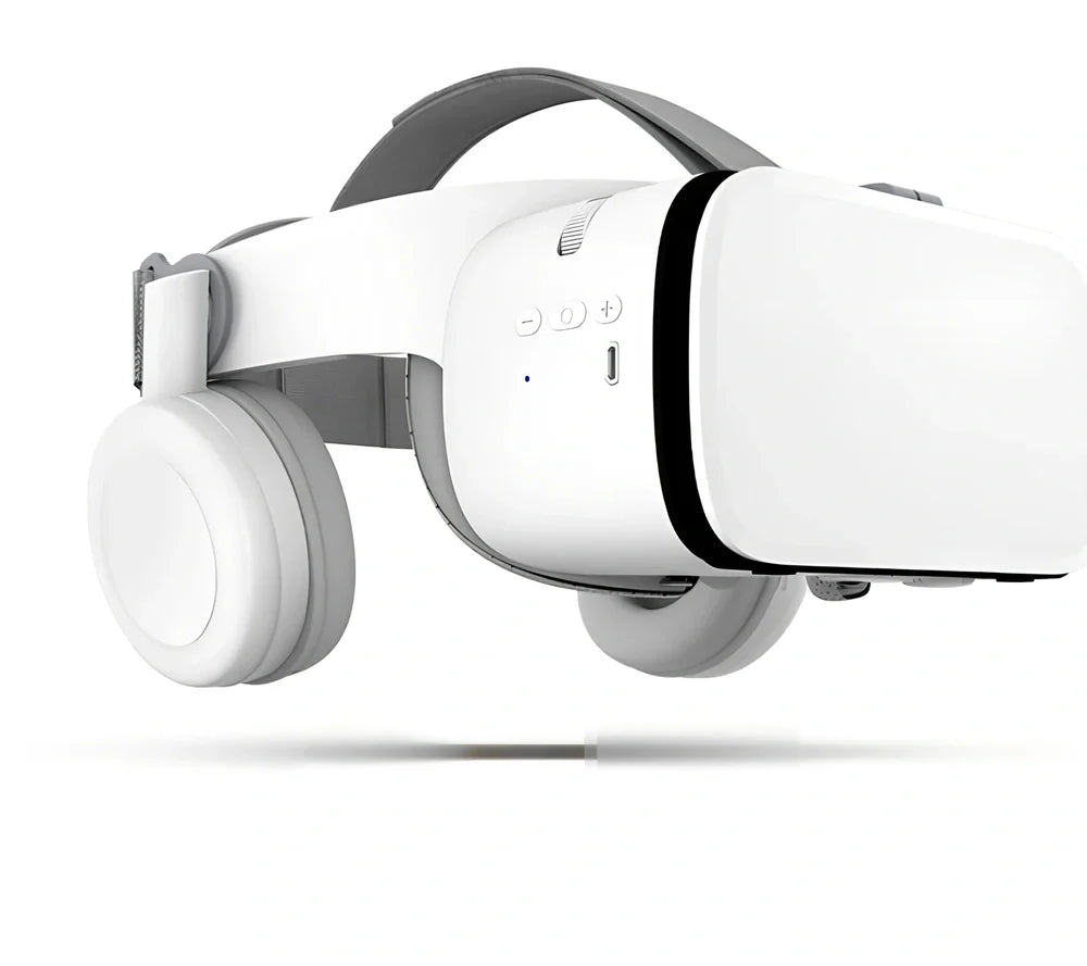 White BOBO Z6 VR Bluetooth headset with resin frame, adjustable straps, and optional controller for 3D smartphone viewing