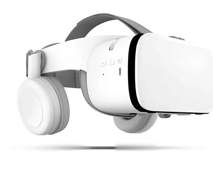 White BOBO Z6 VR Bluetooth headset with resin frame, adjustable straps, and optional controller for 3D smartphone viewing