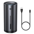 Black or dark grey 12V car diffuser and humidifier with aluminium alloy body for air purification.