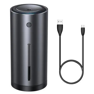 Black or dark grey 12V car diffuser and humidifier with aluminium alloy body for air purification.