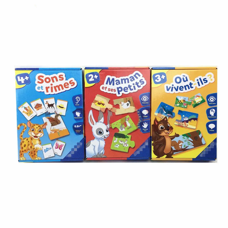 French educational puzzle toy with 24 word-picture pairs on paper plates for children aged 2+ years