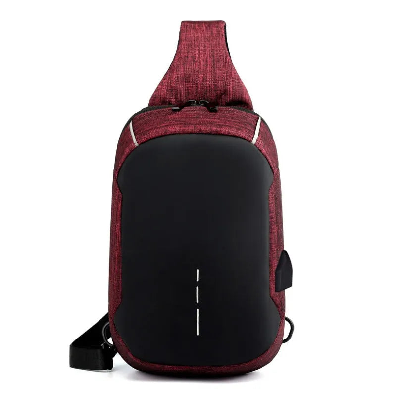 Dark blue waterproof oxford cloth chest bag with a single strap and front zipper.