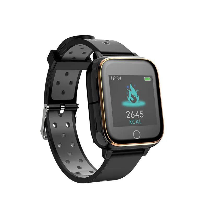 Black smartwatch with integrated Bluetooth earbuds showing heart rate monitoring on 1.4-inch display