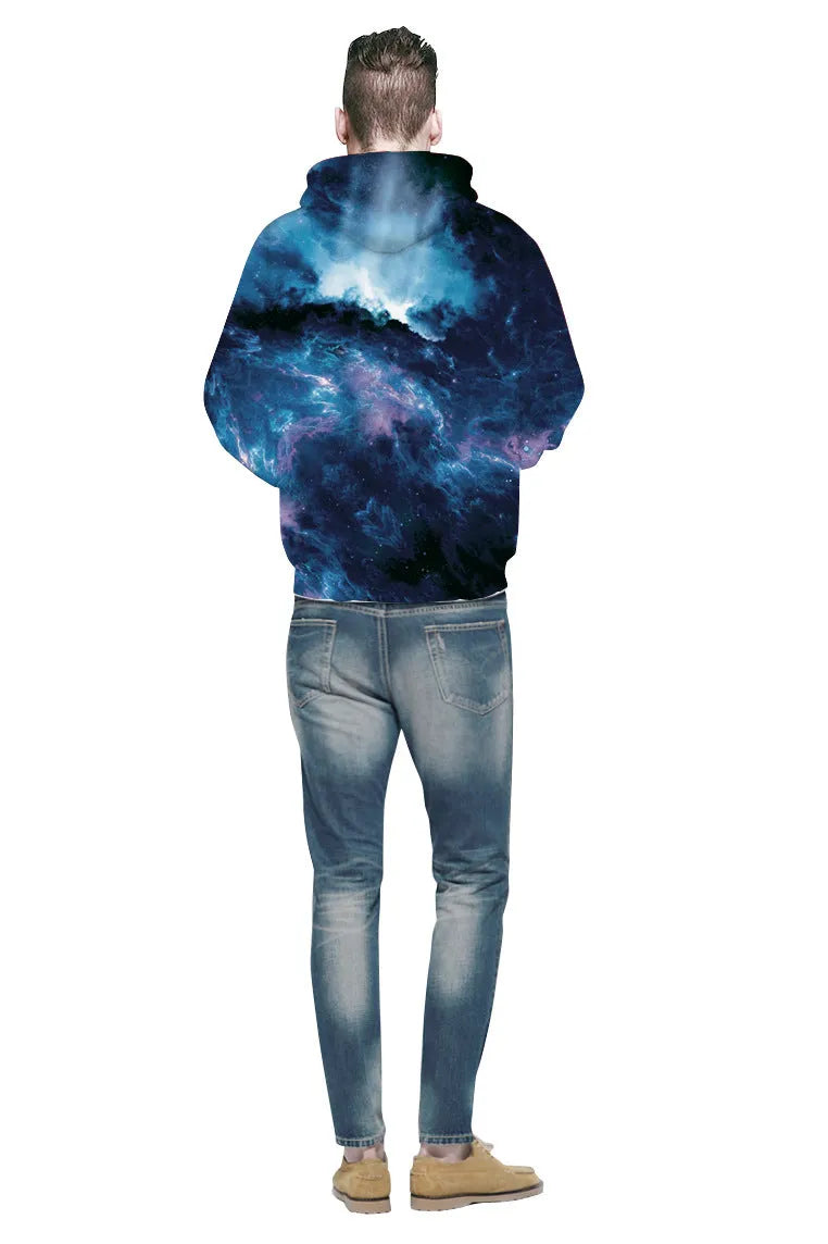 Deep Blue Galaxy Hoodie pullover with printed galaxy pattern on a deep blue background, front view