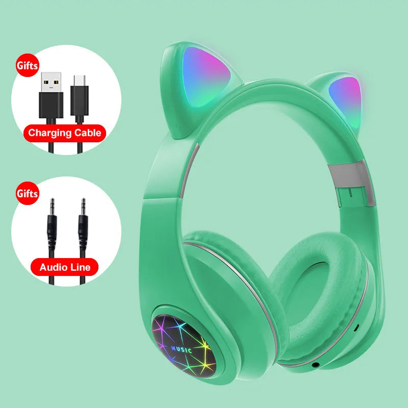 Cat ear design wireless Bluetooth headphones shown in multiple colours including pink, black, and blue.