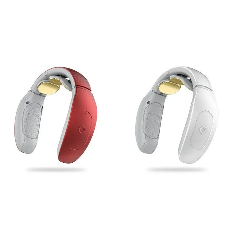 Red and white intelligent cervical massager handheld unit with battery, shown with electrode pads for the XFY988 upgrade model.