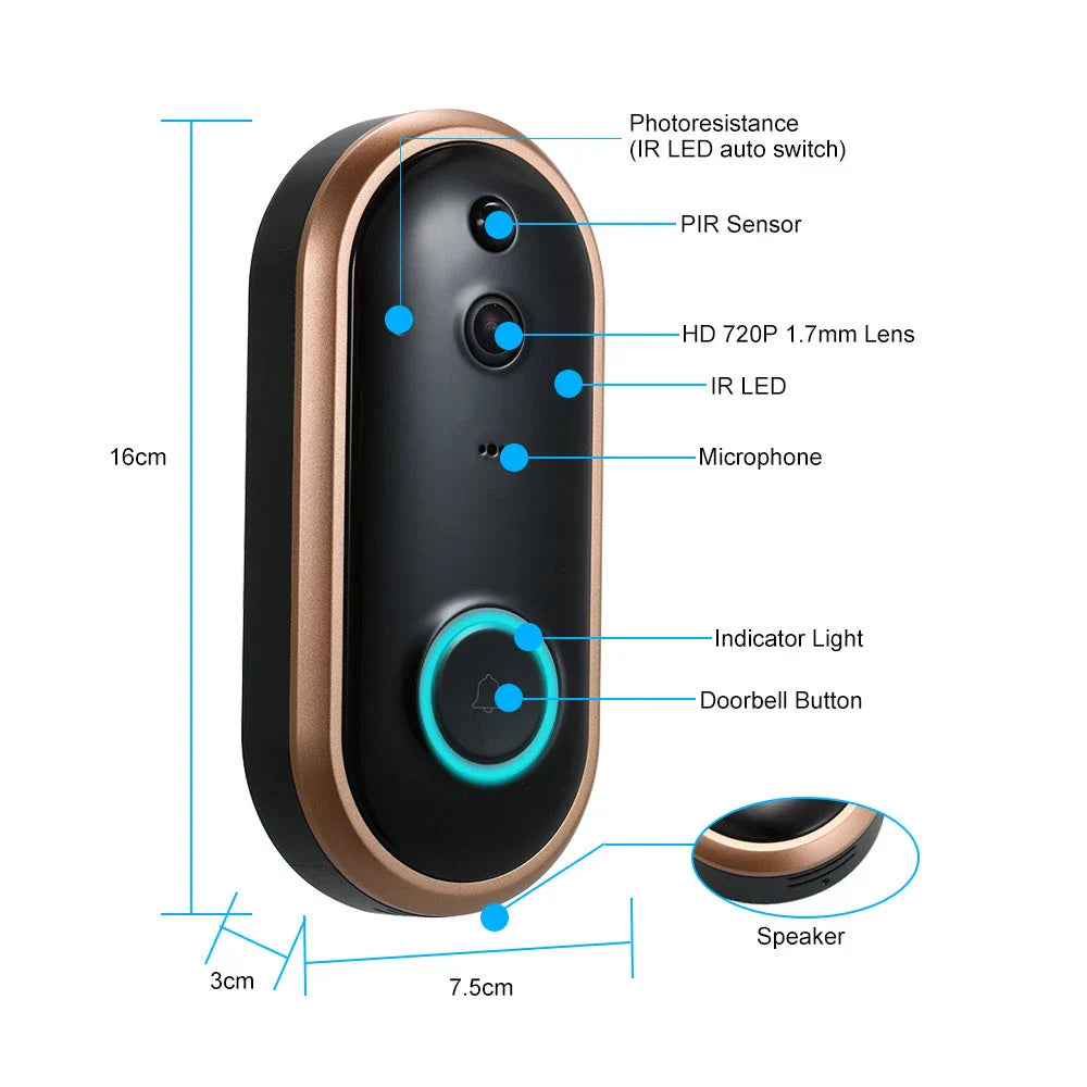 Low-power smart doorbell in gold, featuring wireless design and dual power options