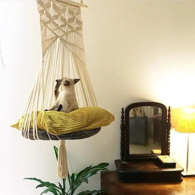 Handmade macrame pet swing cage cotton bed rectangular shape plain pattern European style