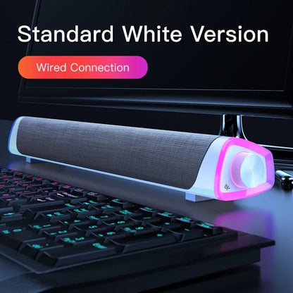 Bluetooth 5.0 computer speaker bar in black and white, compatible with Macbook and PC