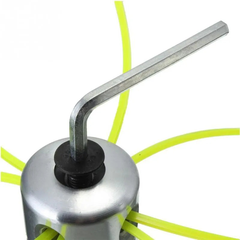 Silver aluminium lawn mower grass head kit with four light yellow square trimmer ropes and a wrench.