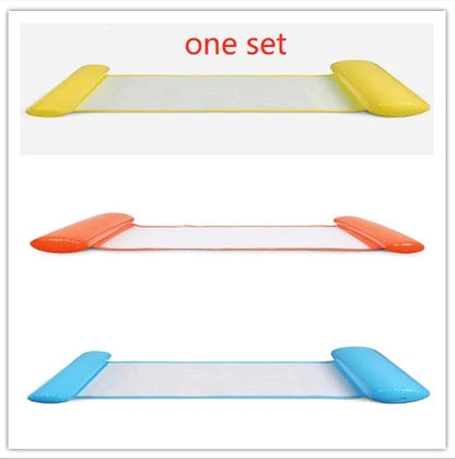 Inflatable water lounge chair in blue, floating in pool with hammock design visible