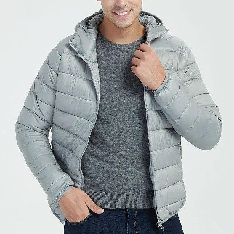 Lightweight, hooded zip-up jacket in navy blue, black, gray, and wine red colors