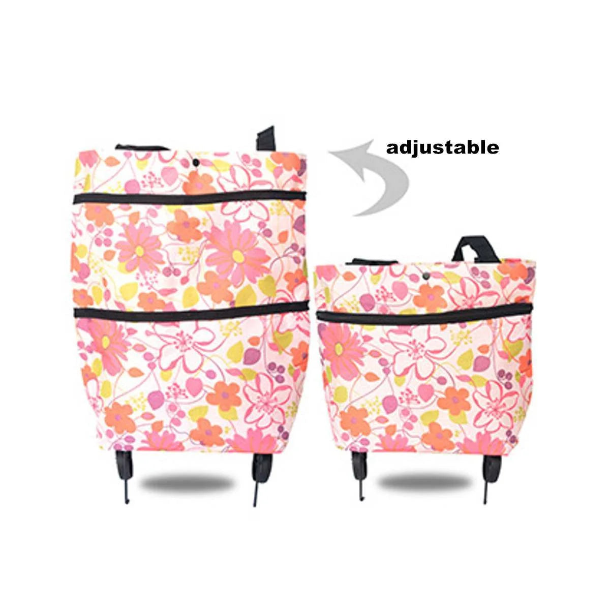 Foldable shopping cart with wheels in various colors, showing transformation from bag to cart