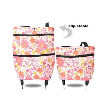 Foldable shopping cart with wheels in various colors, showing transformation from bag to cart