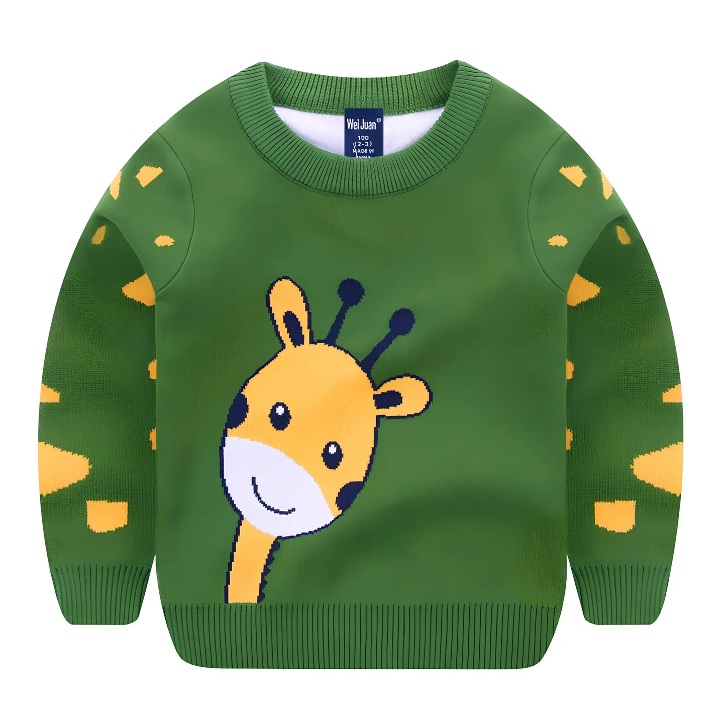 Children's Korean style cartoon pullover sweater in bear green, size 120cm, long sleeves, enzyme washed soft fabric for ages 3-8