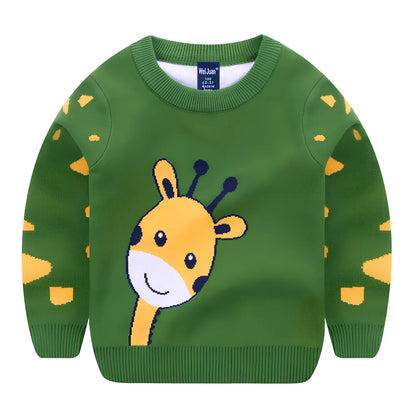 Children's Korean style cartoon pullover sweater in bear green, size 120cm, long sleeves, enzyme washed soft fabric for ages 3-8