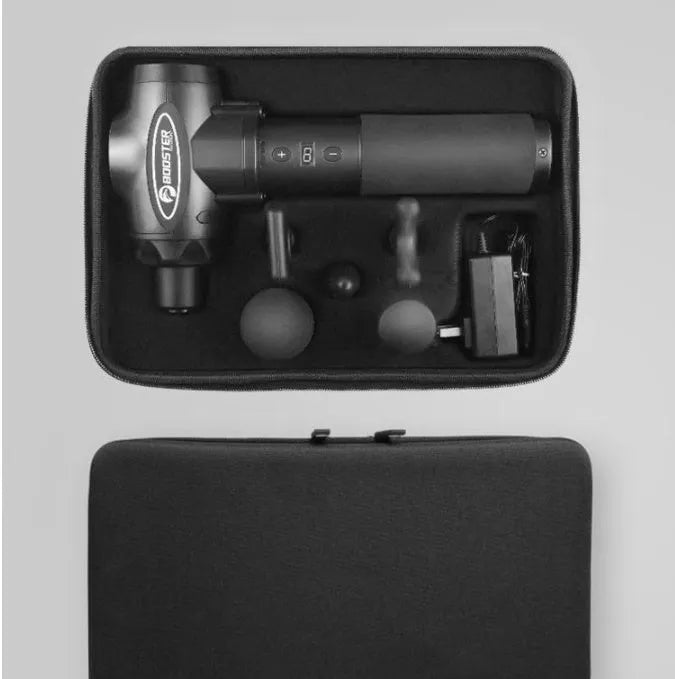 Black and white massage gun with adjustable speed control for muscle relaxation