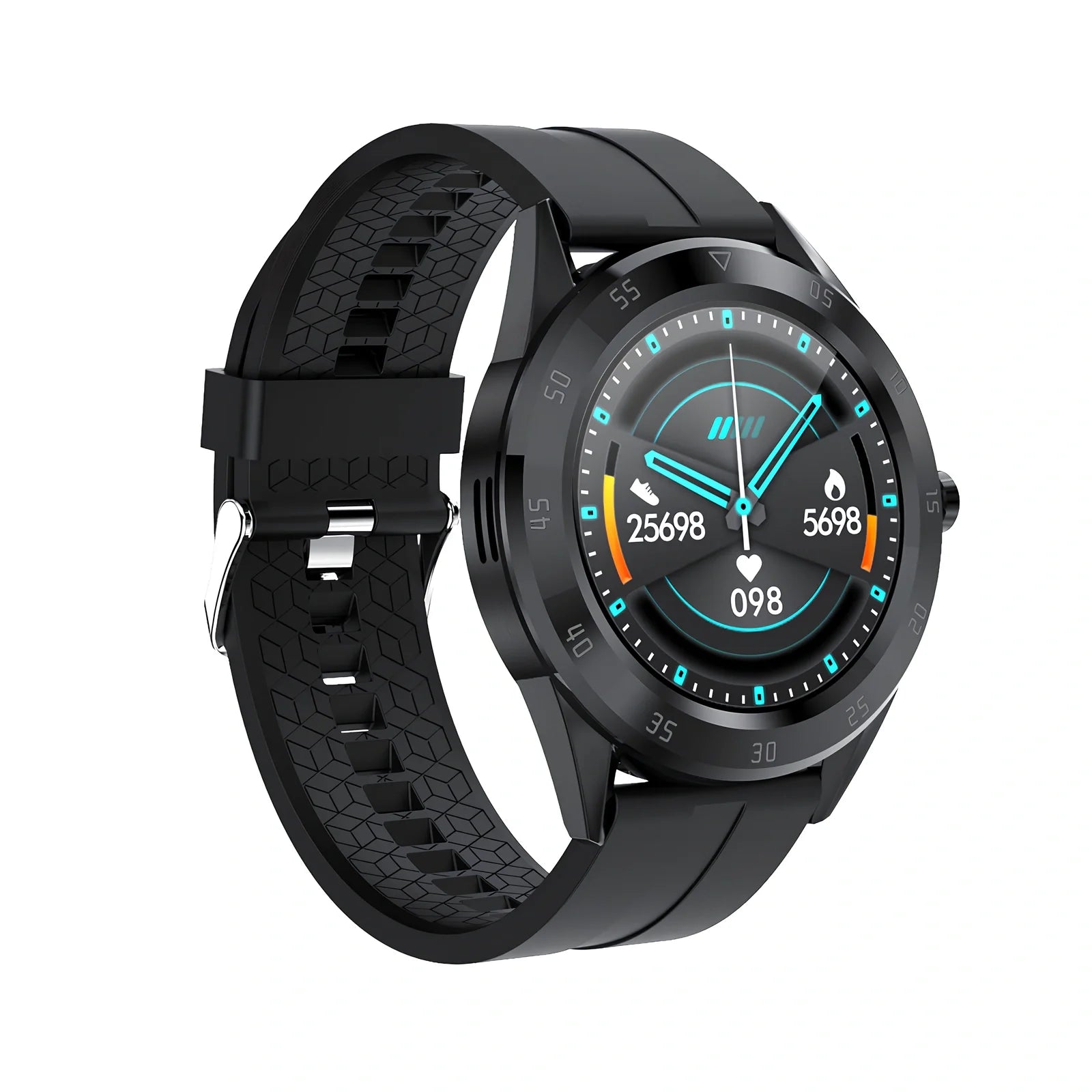 Black 1.2-inch pedometer watch with silicone strap, heart rate sensor, and 32GB storage for step tracking