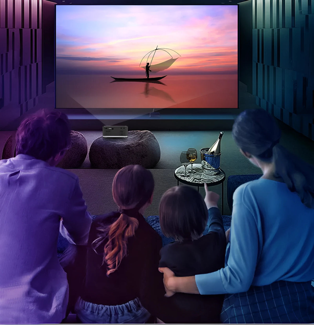 Mini LED projector in black with manual focus lens and multiple input ports on front panel
