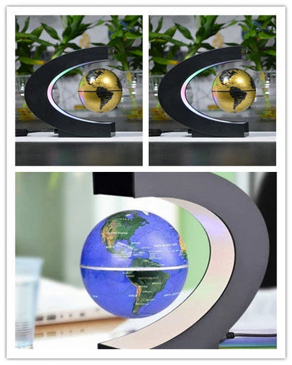 Magnetic levitation globe floating above base with LED light on
