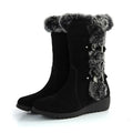 Brown women's winter fur mid-calf snow boots with round toe and low heel
