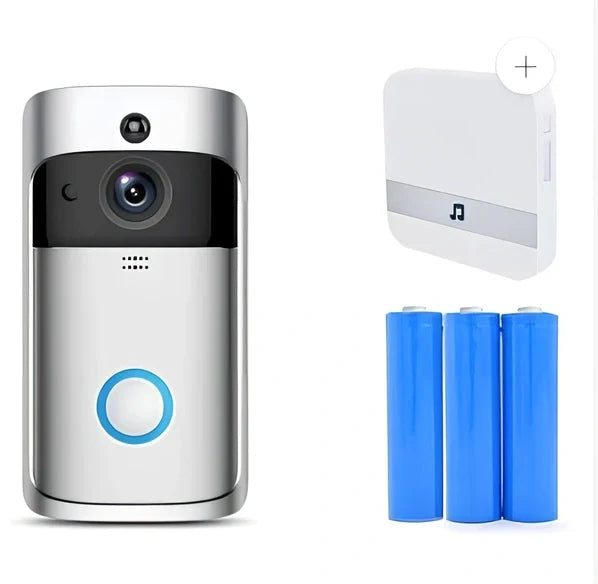 Black wireless video doorbell camera with 166-degree lens, 10m night vision, ABS build, dimensions 7.5x3.3x14.4cm