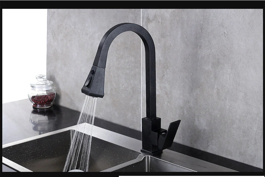Stretchable sink faucet with double outlet mode in black and oatmeal options