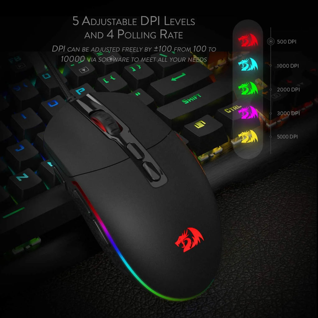 Black wired gaming mouse with nine buttons and four-way scroll wheel on a desk