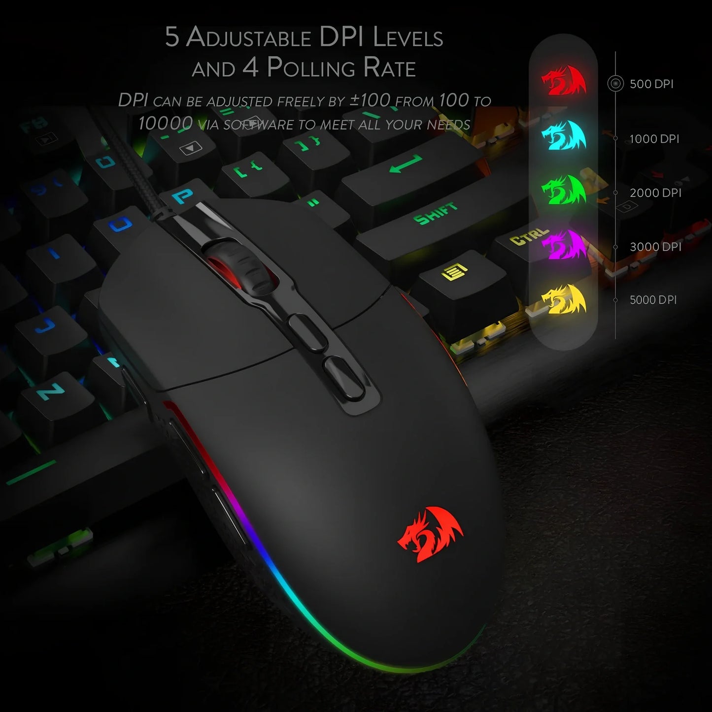 Black wired gaming mouse with 5000 DPI, 9 buttons, 1.8m USB cable, ergonomic for desktop use