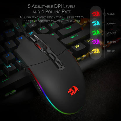 Black wired gaming mouse with 5000 DPI, 9 buttons, 1.8m USB cable, ergonomic for desktop use