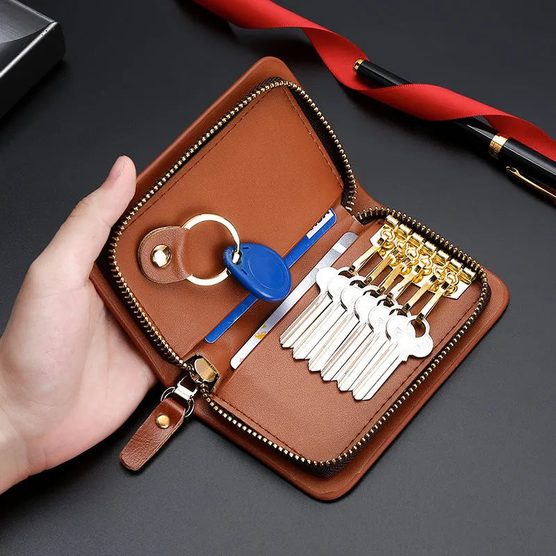 Black zipper multifunction card holder in synthetic leather with letter pattern, square vertical shape