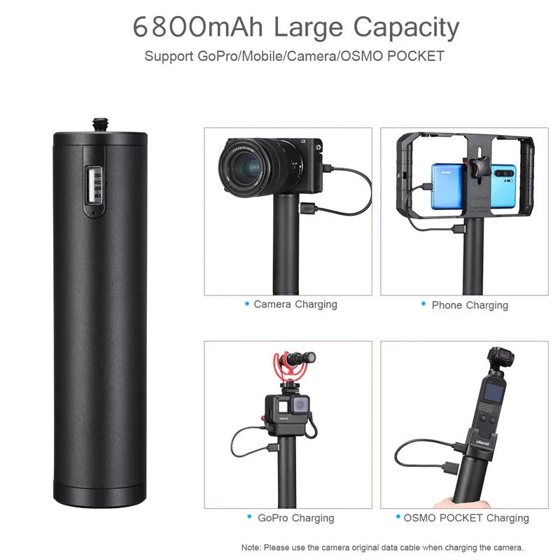 Black aluminium alloy power bank with carrying handle showing 6800mAh capacity and compact dimensions