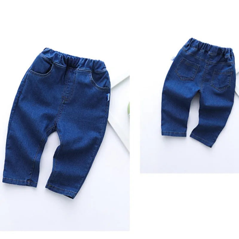 Children's casual straight jeans in blue, 95% cotton, elastic waistband, Korean style