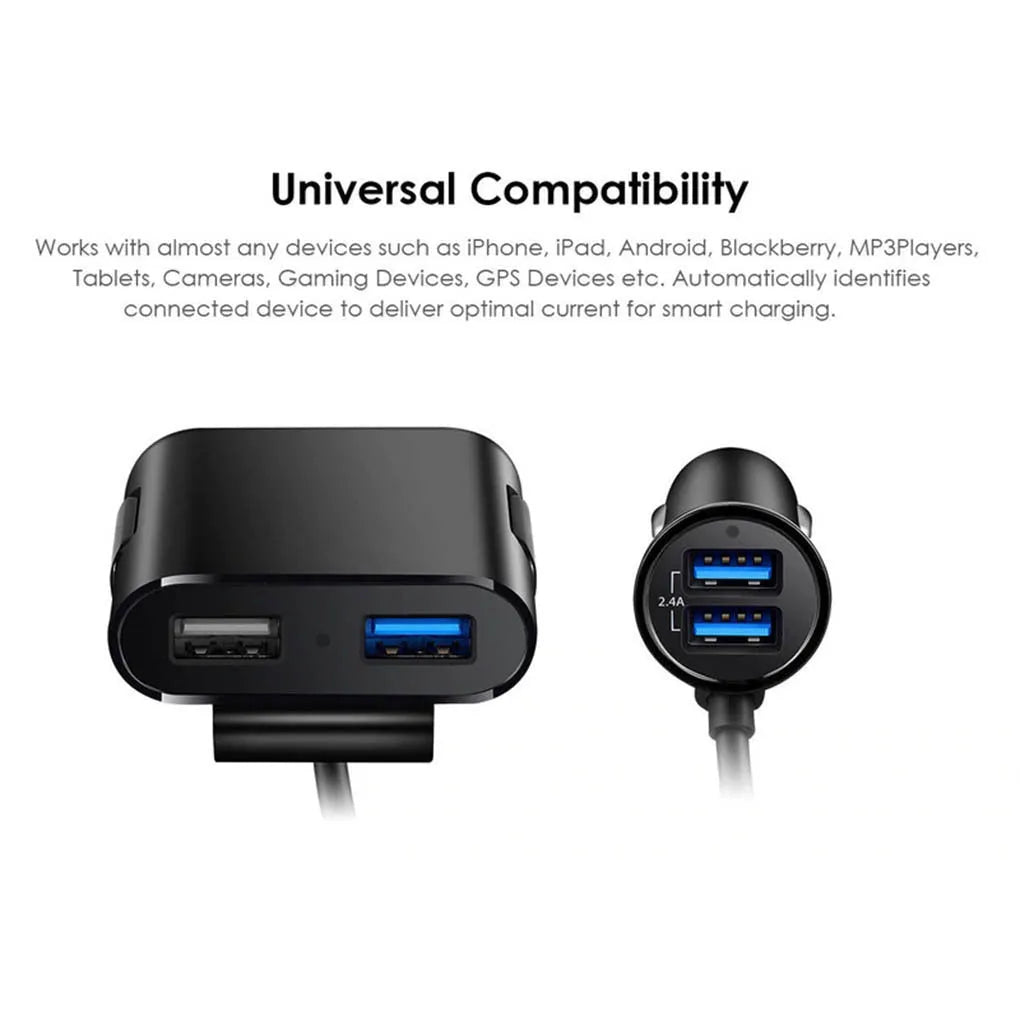 Black 36W fast charge car charger with QC3.0 and dual USB-A ports, blue LED light indicator