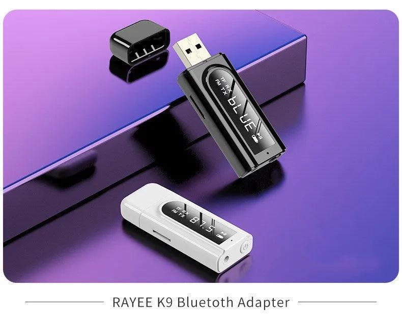 Black USB car FM Bluetooth receiver with USB and AUX ports for wireless music streaming.