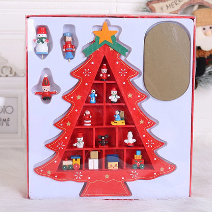 Wooden Christmas tree ornaments in red and green, perfect for festive decoration
